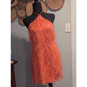 Wild Fable Halter Tie Bodycon Dress Medium Orange Fringe Flower Pattern